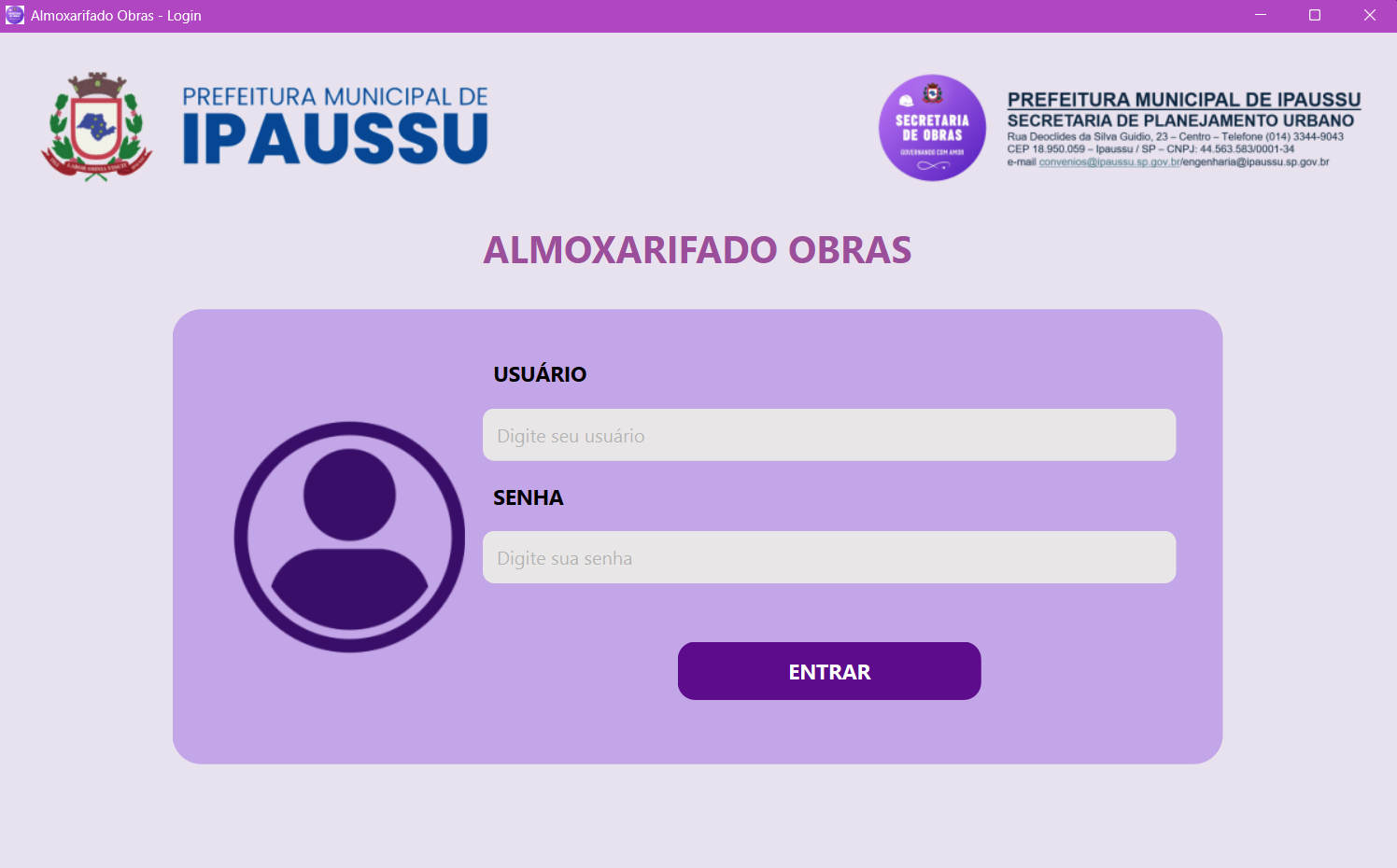 Tela de acesso do sistema Almoxarifado Obras de Ipaussu